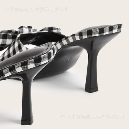 Black Plaid Spring And Summer Square Toe Big Bow Stiletto Heels