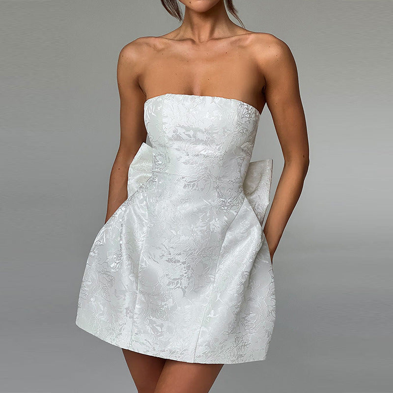 YJ24112 Summer 2024 New Fashion Style Elegant Sexy Jacquard Tube-shaped Bow Mini Dress Women