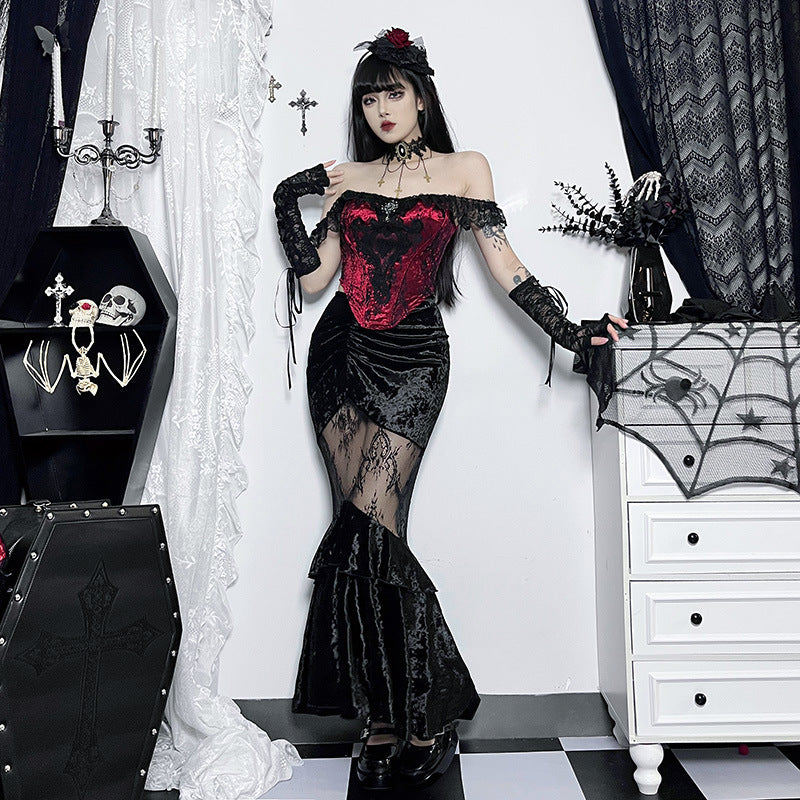 JY23585 Diablo Style New Sexy Perspective Spice Girl Long Dress Summer Elegant Suede Lace Stitching Women's Half Skirt