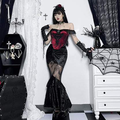 JY23585 Diablo Style New Sexy Perspective Spice Girl Long Dress Summer Elegant Suede Lace Stitching Women's Half Skirt