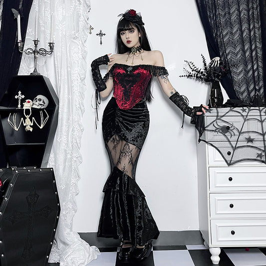 JY23585 Diablo Style New Sexy Perspective Spice Girl Long Dress Summer Elegant Suede Lace Stitching Women's Half Skirt