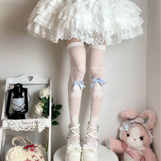 Sweet Thin Stockings Lolita Bow Print Socks Lolita Stockings High Knee Socks