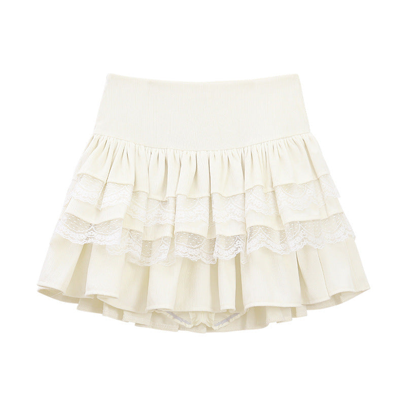 Pure Desire Lace Apricot Skirt Women's Autumn And Winter New High Waist Slim-fit Pengtu Skirt Anti-glare All-match Cake Skirt