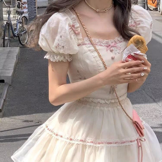Female Sweet Square Collar Short Sleeve Top And Skirt Suit