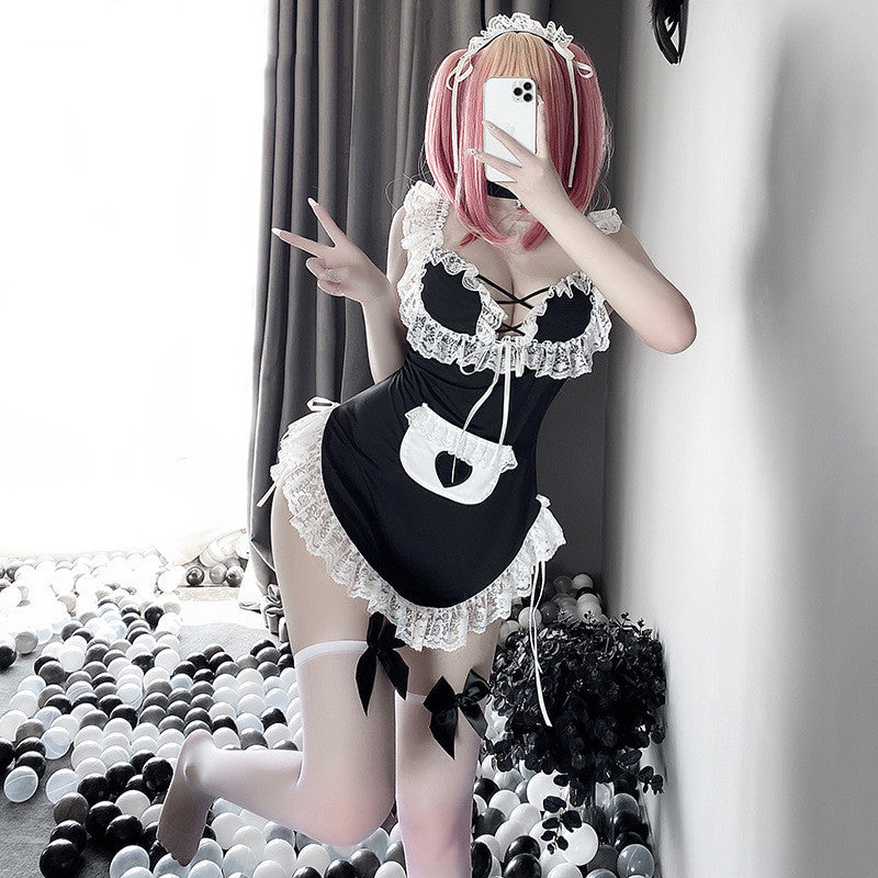 Lace Tie Back Tie Hollow Maid Uniform Suit