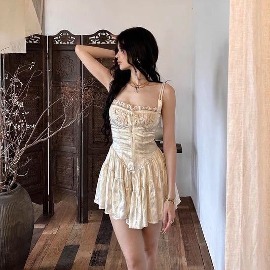 Apricot Sling Mini Dress – Summer Floral Style