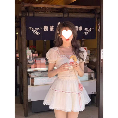 Female Sweet Square Collar Short Sleeve Top And Skirt Suit
