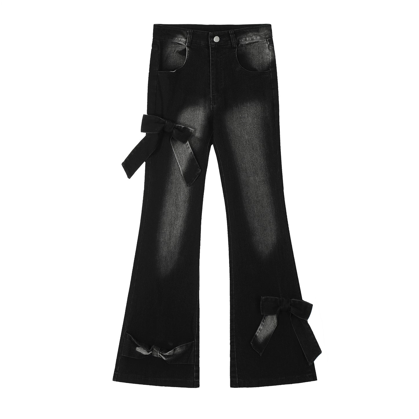 Real Shot American Retro Cute Bow Denim Trousers
