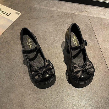 Bow High Heel Leather Shoes Women's Chunky Heel Shoes