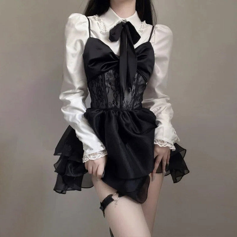 Women's Fashion Lace Halter Shirt Dress Set