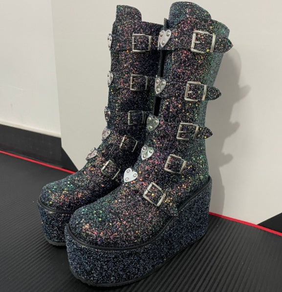 European And American Metal Buckle Thick Sole High Boots Women Amazon Plus Size