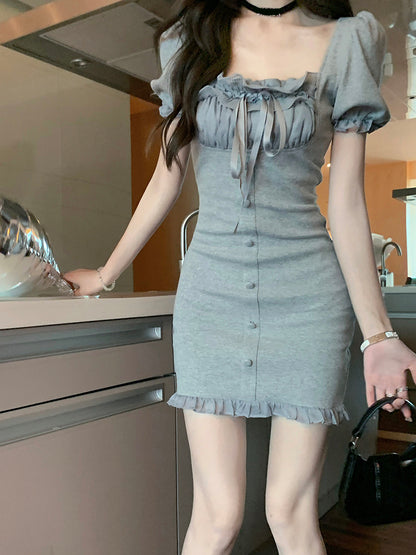 Women's Lace Collar Receive Waist Square Neck Thin Puff Sleeve Dress