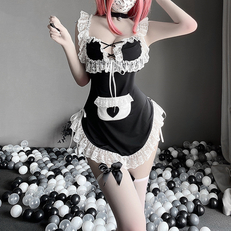 Lace Tie Back Tie Hollow Maid Uniform Suit