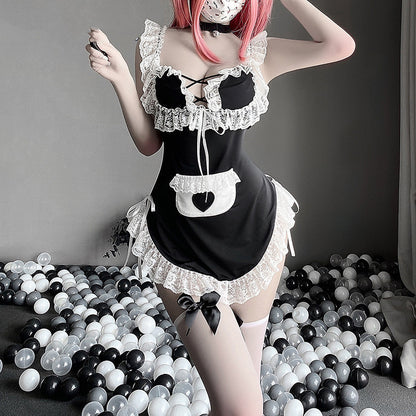 Lace Tie Back Tie Hollow Maid Uniform Suit