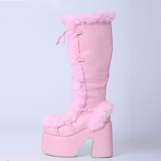 New Women's Fashion Thick Bottom Fur High-heeled Boots