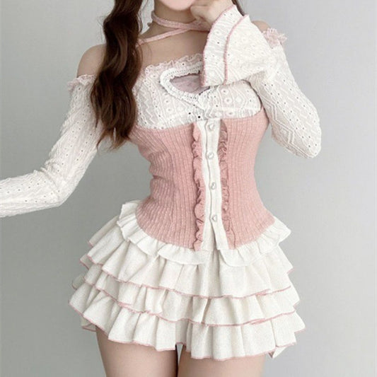 Spandex Pure Desire Ballet Style Suit Women's Vest Off-shoulder Long Sleeve Shirt Early Autumn Puffy Cake Dress Three-piece Set