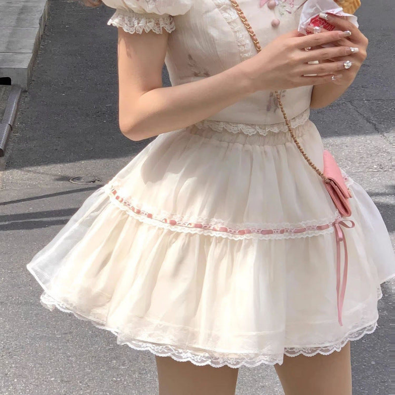Female Sweet Square Collar Short Sleeve Top And Skirt Suit