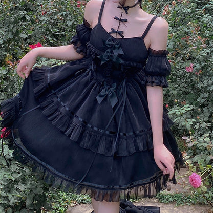 Lolita Bow Splicing Black Dress