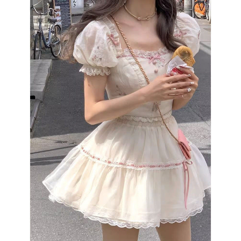 Female Sweet Square Collar Short Sleeve Top And Skirt Suit