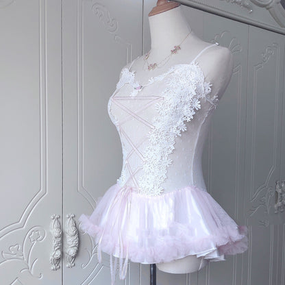 Sweet Lace Mesh Perspective One-piece Suit Hand-made Small Suspender Skirt