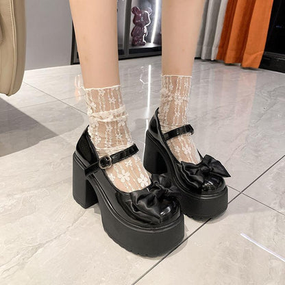Bow High Heel Leather Shoes Women's Chunky Heel Shoes