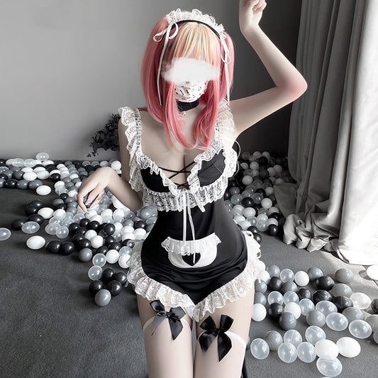 Lace Tie Back Tie Hollow Maid Uniform Suit