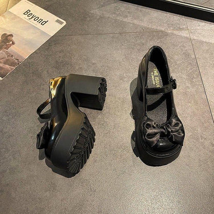 Bow High Heel Leather Shoes Women's Chunky Heel Shoes