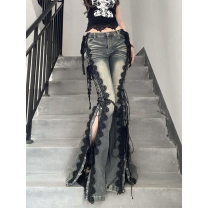 Vintage Plus Size Lace Strap Split Jeans